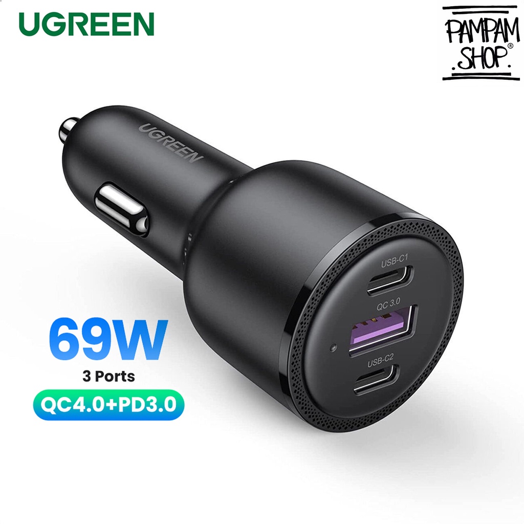 UGREEN ORIGINAL Car Charger Super Fast Charging 69W Type C USB 3 Ports Output 3A 5A Saver Casan Mobil Adaptor Adapter Tipe C Ori