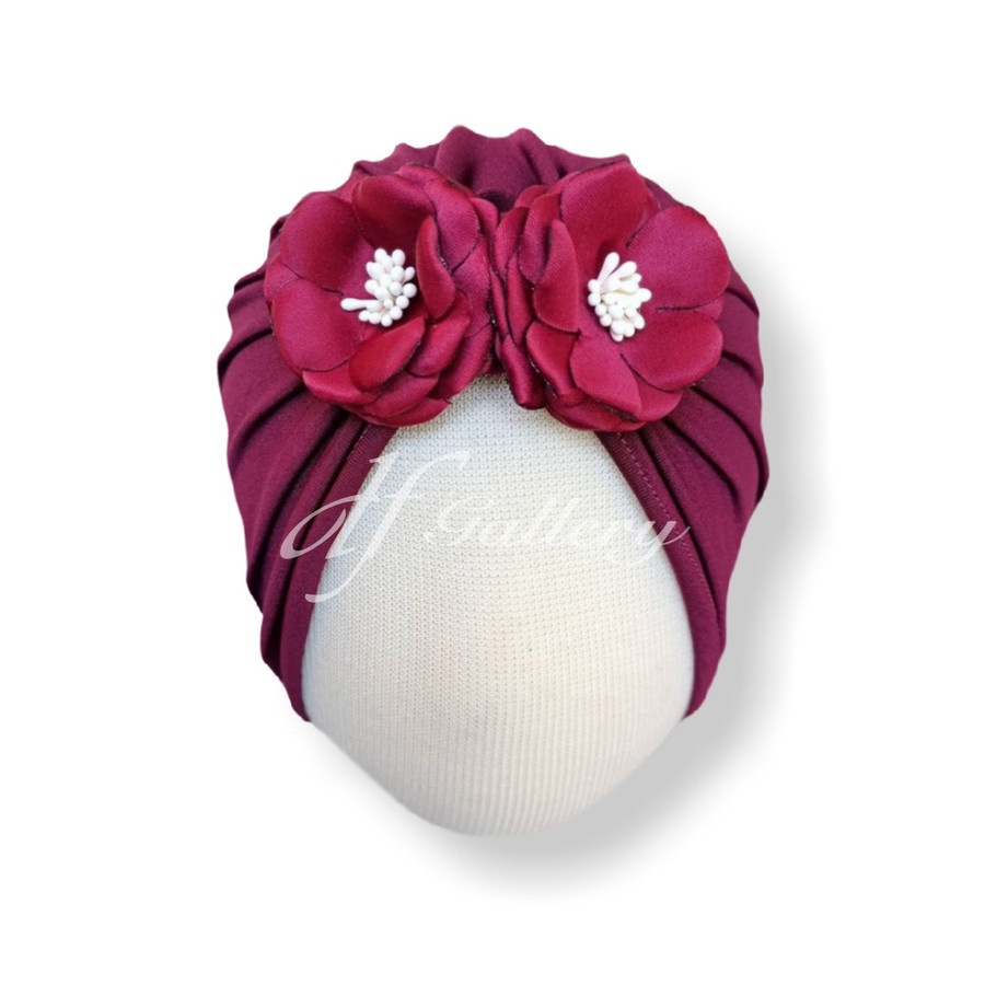 Turban Bayi Anak Perempuan Sofia dfGallery Bunga Putik Cantik - Maroon gelap
