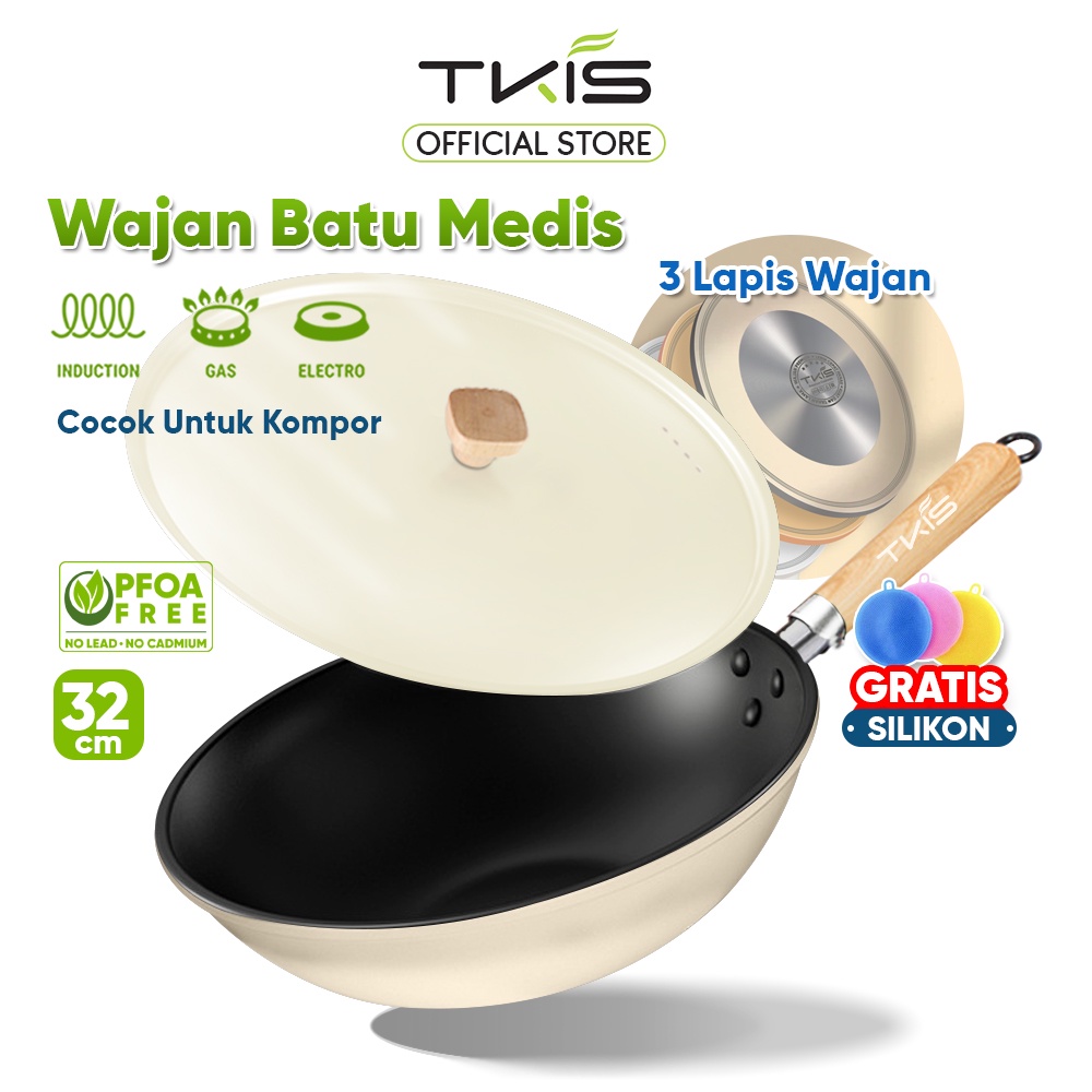 TKIS TK-852 Wok Pan Anti Lengket 32 CM Wajan Penggorengan Anti Lengket Dengan Tutup Besi Anti Lengke