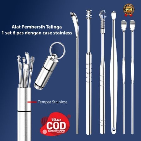 Korek Kuping Stainless Steel Wadah Tabung  / Set 6in1 Korek Kuping Tabung Stainless Anti Karat / Alat Pembersih Telinga Gantungan Kunci + Korek Kuping + Botol Portable