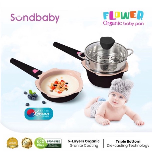 BOLDe Sundbaby Flower Organic - Panci Mpasi Set Baby Pan 4 PCS - Milk Pot 16CM + Frypan 16CM + Steamer Kukusan Stainless Steel