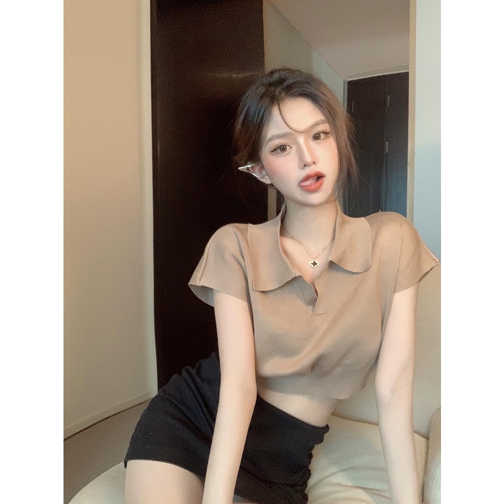 EUNII Knit Crop Top V-neck Lengan Pendek T-shirt Kaos Atasan Rajut Wanita Korean Style