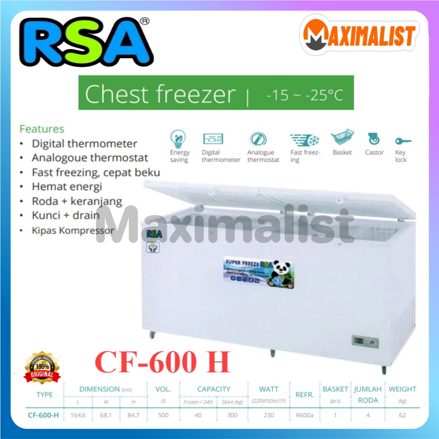 RSA CF-600-H CF600H CF 600H Chest Freezer - Box Pembeku - Kabinet Pembeku 500 Liter - Putih / Chest Freezer RSA CF 600 H / CF600H / CF600 Freezer Box 500 Liter / RSA Chest Freezer CF-600H / CF 600 H (500 Liter)