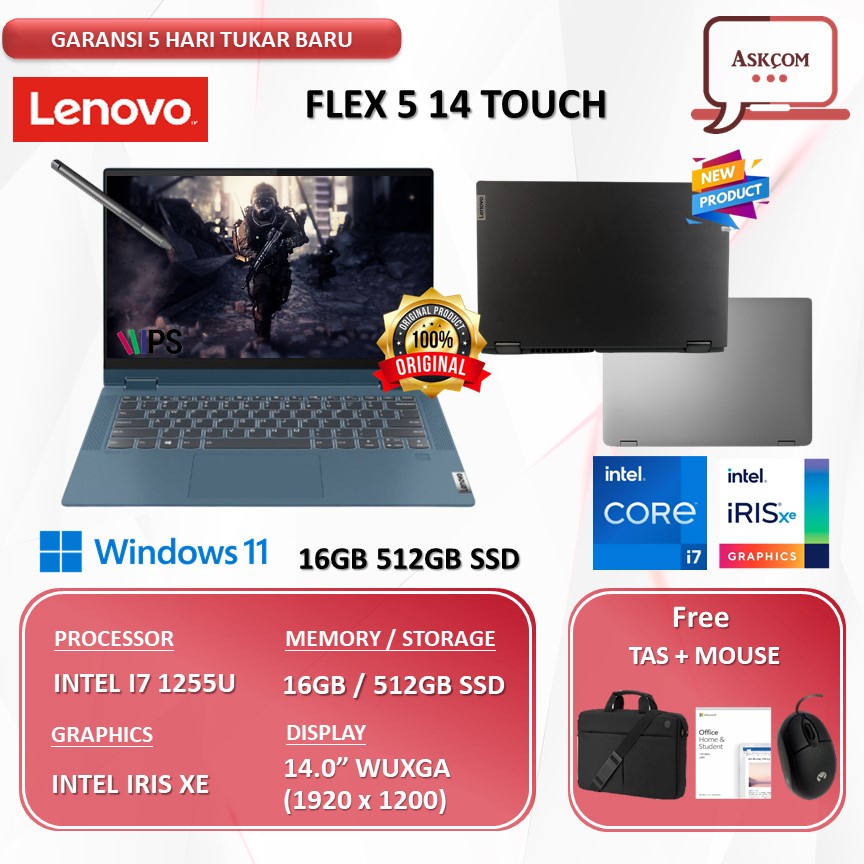 Laptop Lenovo Flex 5 14 Touch  I7 1355 16GB 512GB SSD IRISXE W11 OHS21 14.0 WUXGA IPS