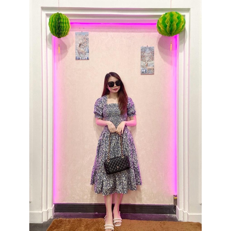 RD FASHION - SMOCKED DRESS / Gaun musim panas kasual baru Lengan pendek smocked dress lipit bunga dengan dasi belakang / gaun kasual A-line gaun smocked berlipat bunga lengan pendek-BIRU