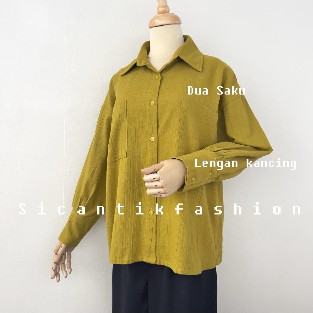 Kemeja Lengan Panjang Gaya Wanita Korea Bahan Linen Crinkle