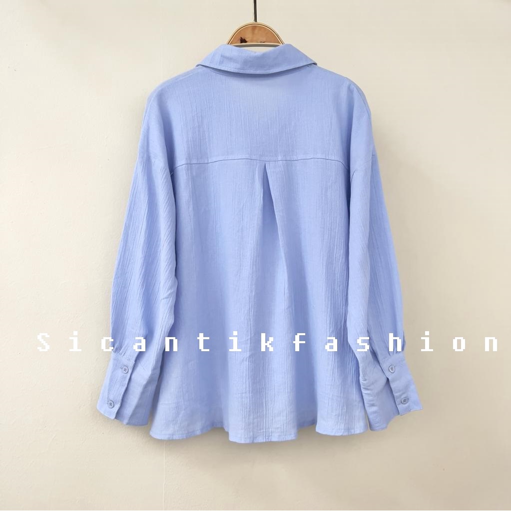 Kemeja Lengan Panjang Gaya Wanita Korea Bahan Linen Crinkle