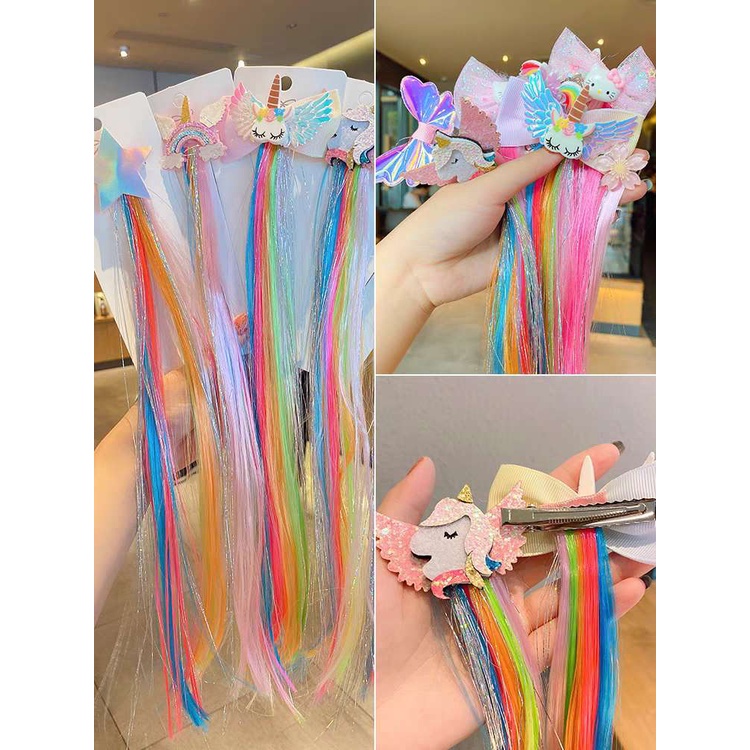 (Hello Girl) F198 Jepit Rambut Unicorn/Jepit Rambut Rainbow Model Rambut Palsu Wig Anak Perempuan Import