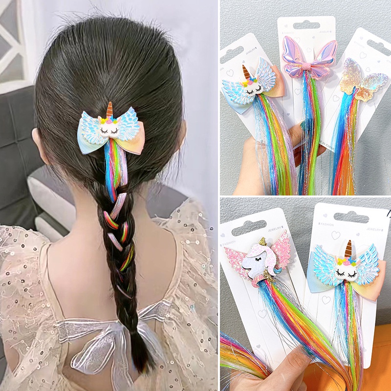 (Hello Girl) F198 Jepit Rambut Unicorn/Jepit Rambut Rainbow Model Rambut Palsu Wig Anak Perempuan Import