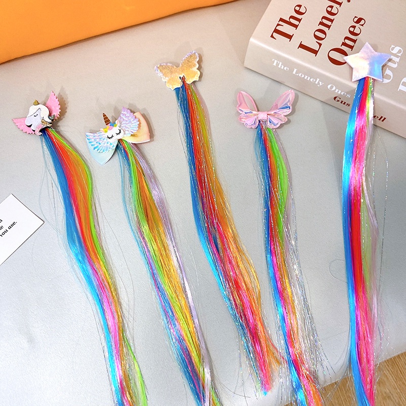 (Hello Girl) F198 Jepit Rambut Unicorn/Jepit Rambut Rainbow Model Rambut Palsu Wig Anak Perempuan Import