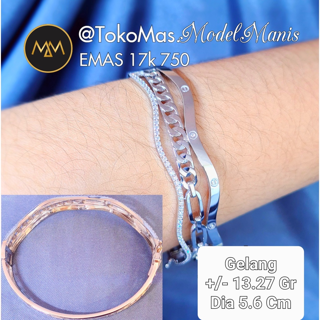Gelang bangle 3 layer kombinasi listring paperclip sisik naga emas putih kadar 17k