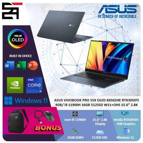 Asus Vivobook PRO 15X OLED K6502HE RTX3050Ti-4GB i9 11900H 16GB 512GB SSD W11+OHS 15.6 Inchi 2.8K