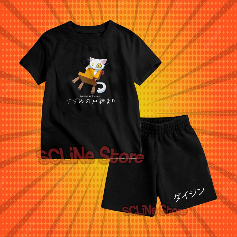 Setelan Celana Kaos Anak Suzume No Tojimari Cat Daijin&Kursi Boy Girl