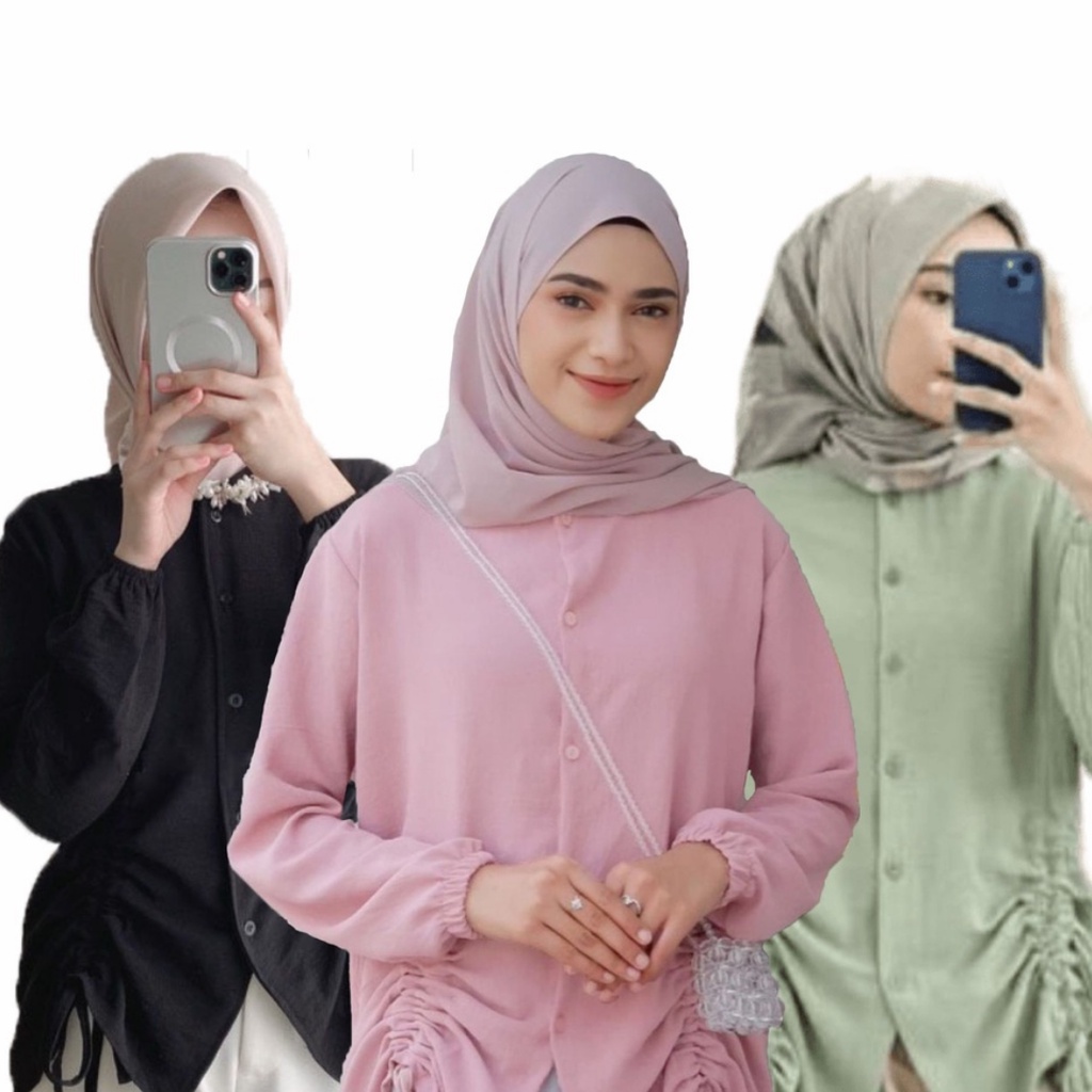 kemeja wanita crinkle airflow premium lengan panjang serut bawah korean style terbaru blouse lebaran kekinian busui friendly