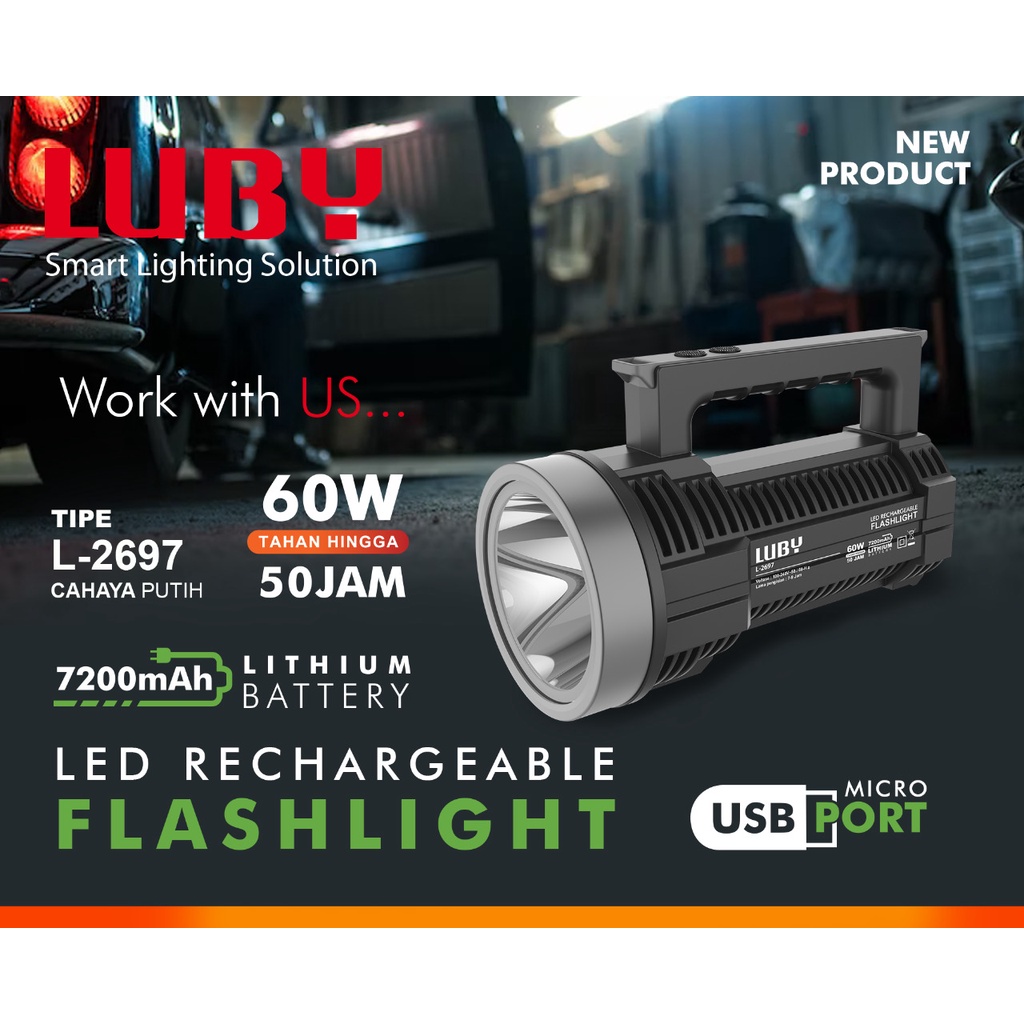 Luby Senter LED Super Terang L-2697 60W LAMPU PUTIH 1500 Meter Rechargeable Tahan Hingga 50 Jam