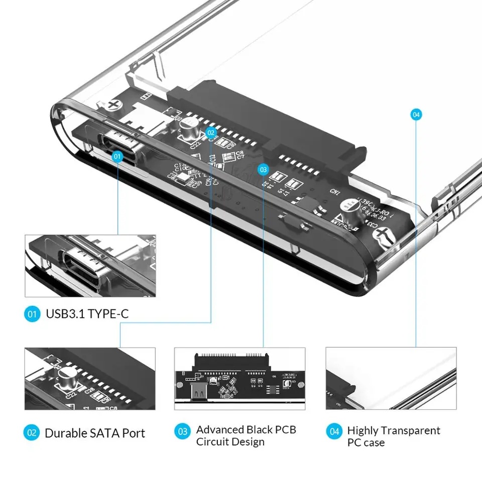 ORICO 2,5&quot; INCH Transparent HDD Case SATA to USB 3.1 Type C Casing Hard Drive OR2139C3