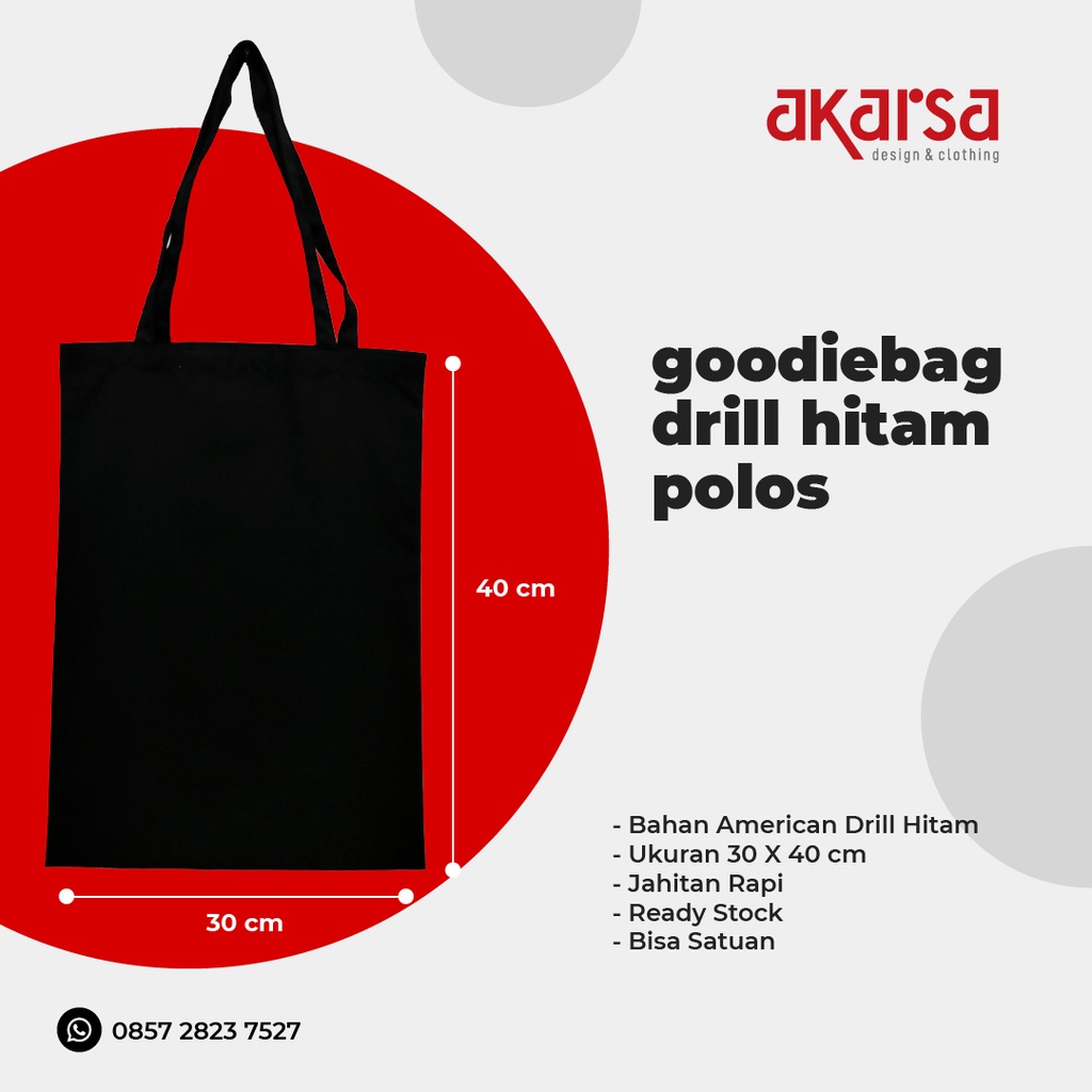 GoodieBag / Tote Bag Drill Hitam Polos Berkualitas
