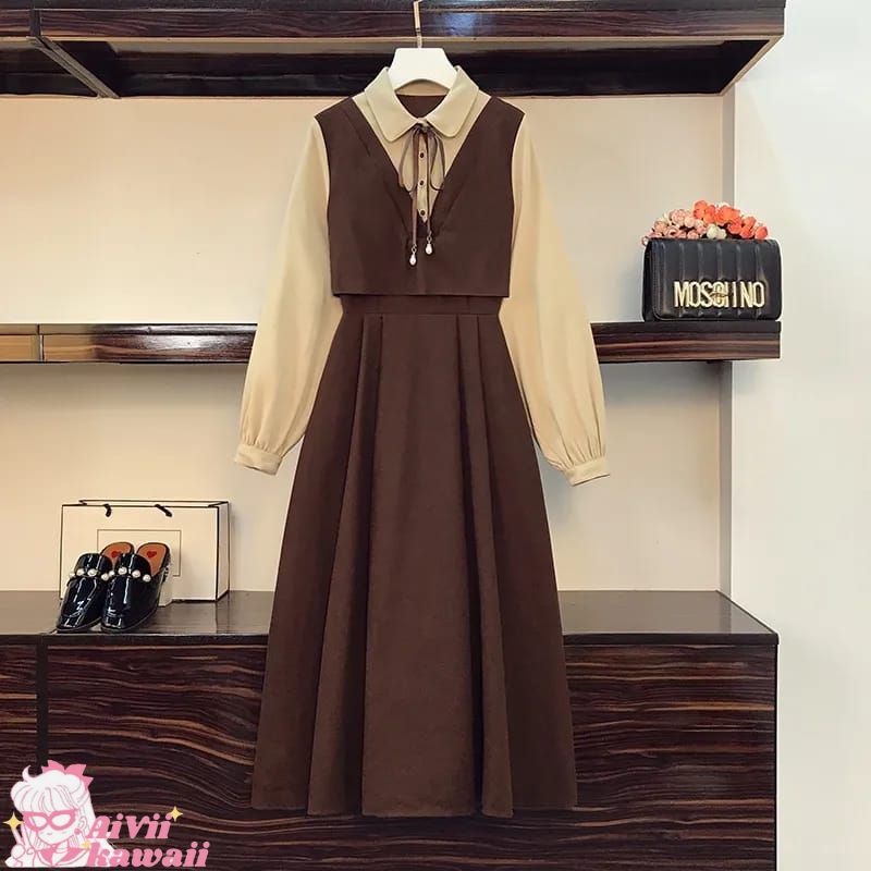 MIDI DRESS KOREA RETRO BROWN