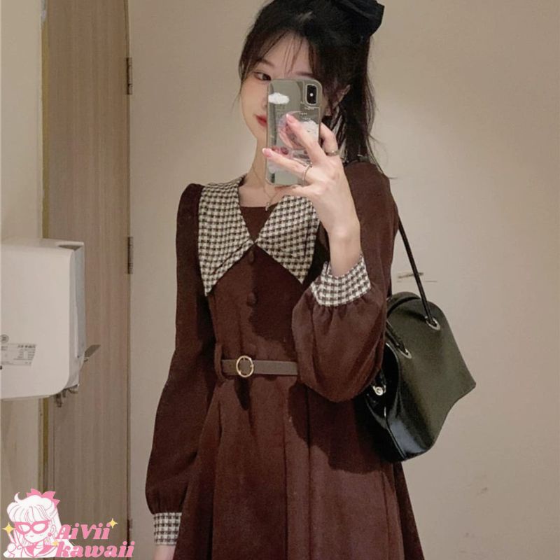 DRESS KOREA MIDI RETRO PLAID COLLAR