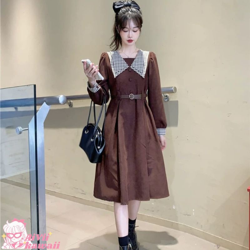 DRESS KOREA MIDI RETRO PLAID COLLAR