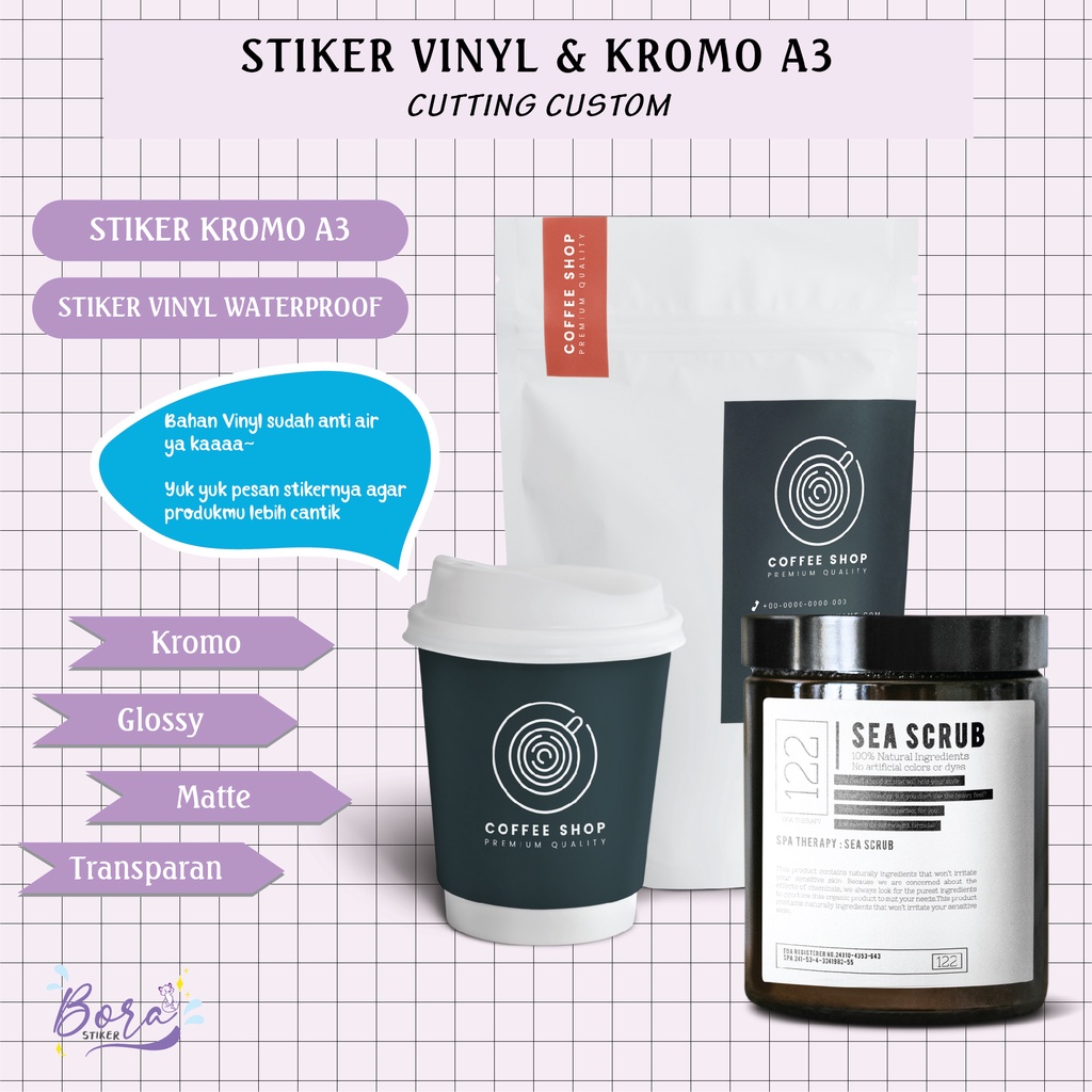 

CETAK STIKER STICKER LABEL MAKANAN PRODUK KEMASAN BAHAN KROMO & VINYL WATERPROOF A3