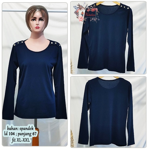 Kaos Atasan Spandex Polos Warna Navy Blouse Wanita Lengan Panjang Variasi Kancing Bahu Korean Fashion Style