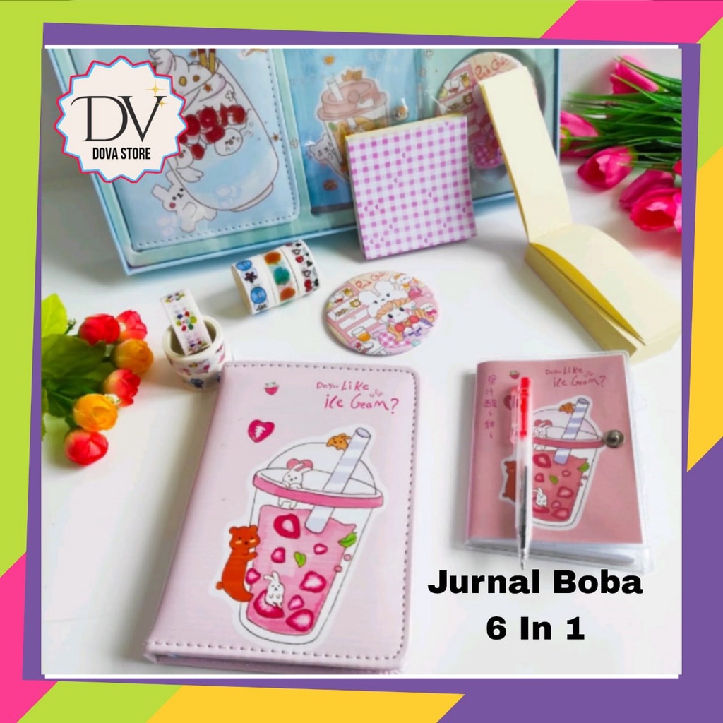 

PAKET JURNAL BOBA 6 IN1 BOBA WARNA WARNI STICKER UNIK ALAT JURNALING ALAT TULIS LUCU