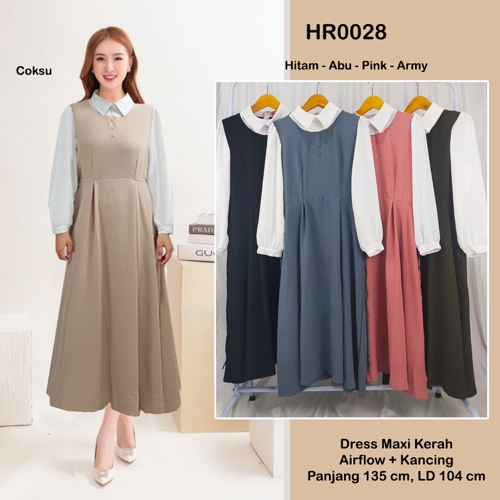 HR0028 Dress Maxi Kerah Airflow + Kancing Stretch / Dress Maxi / Gamis Hijab / Gamis Kerah Lebaran