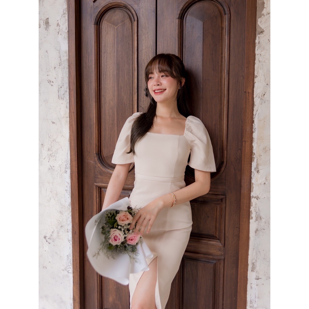 ilook | Jiwon Dress Wanita Korean Style Slit Square Neck Lengan Balon Scuba