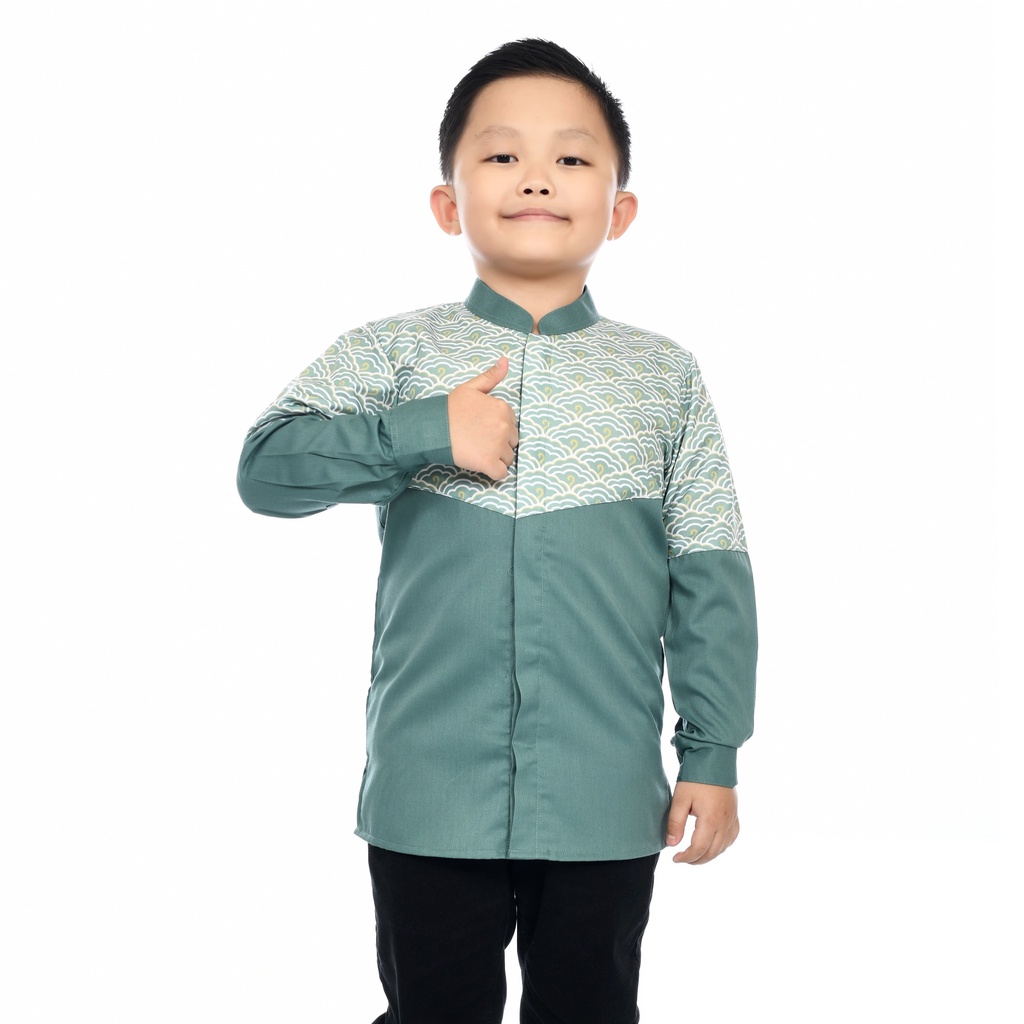 Baju Koko Muslim Anak Laki-Laki Lengan Panjang Kombinasi Motif Batik Toyobo