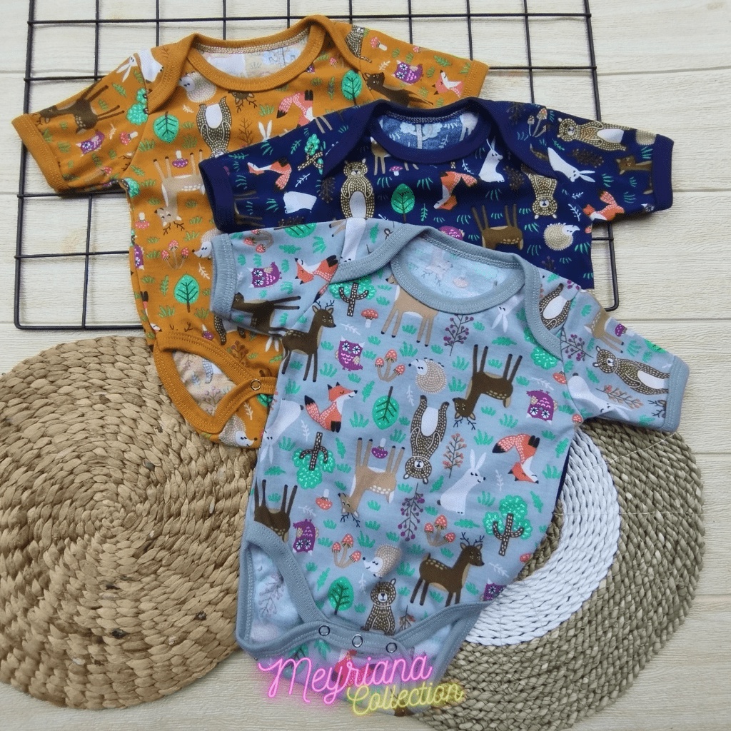 3 PCS Jumper Bayi Baru Lahir Kaki Motif Printing Animals Zoo Usia 0-6 Bulan Meyriana Collection