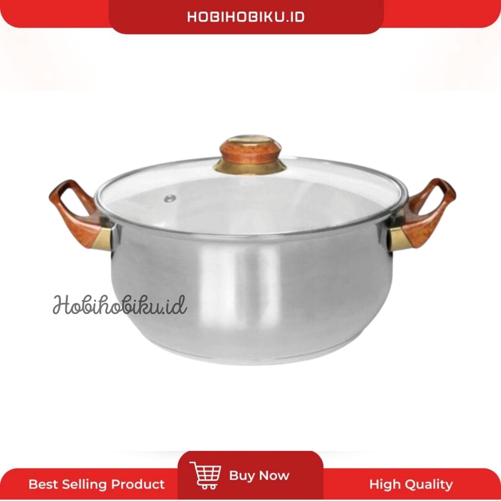 Panci stainless tutup kaca cantik aesthetic gagang motif kayu serbaguna 22cm tebal [ORIGINAL]