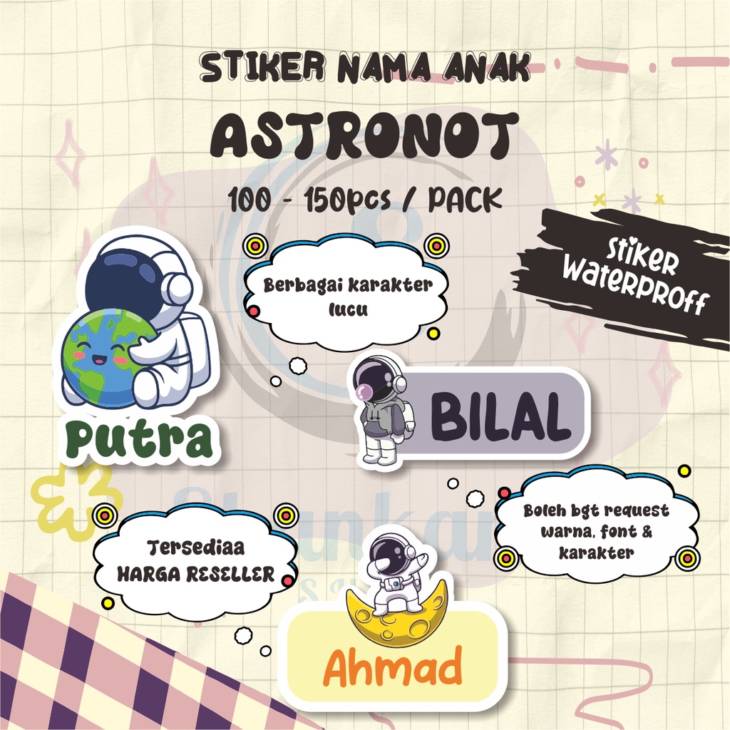 

( 100-150pcs) Stiker Nama TEMA ASTRONOT / Stiker Nama Custom / Stiker Nama Waterproff / Stiker Efek Hologram