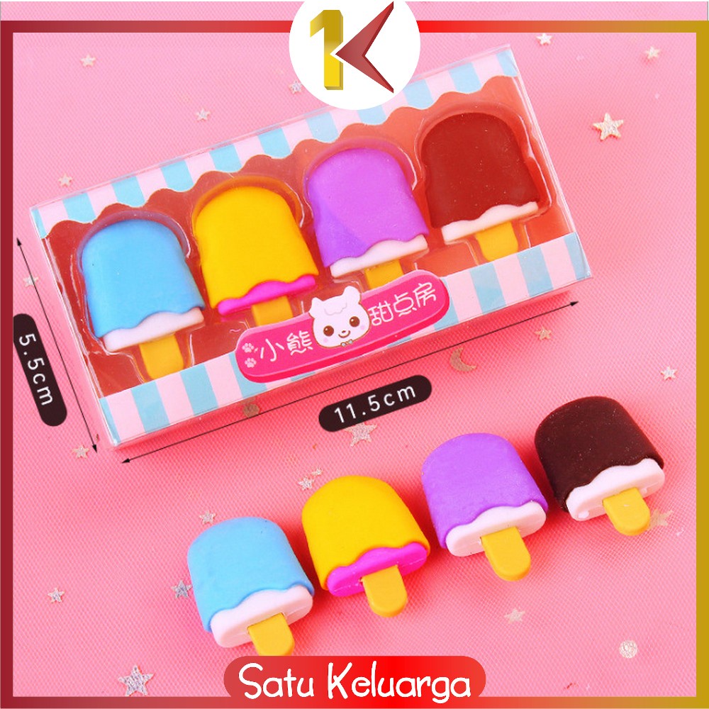 SK-A53 Penghapus Pensil Set 4IN1 Motif Lolipop / Alat Tulis Penghapus Lucu Isi 4pcs Karakter Donat Eraser Ice Cream Import