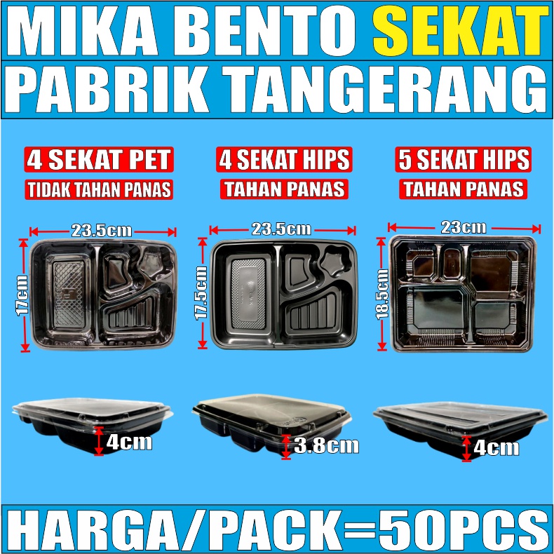 Mika Bento Bintang 4 Sekat PET atau 4Sekat HIPS Tahan Panas Per Pack Tray Kotak Bekal Makan Var