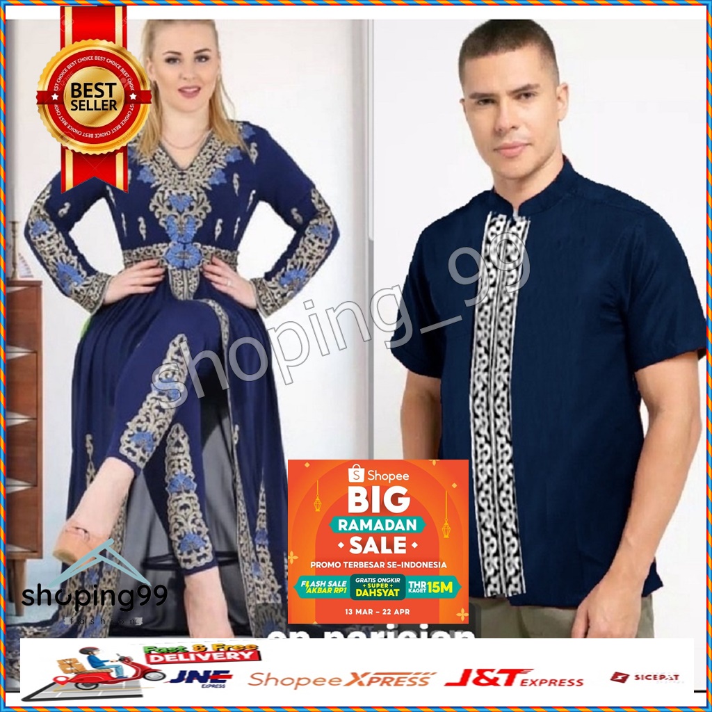 Terbatas. Promo Raya - Sarimbit Couple India Bordir Navy Terbaru  Lebaran 2023 Kemeja Koko Dan Gamis