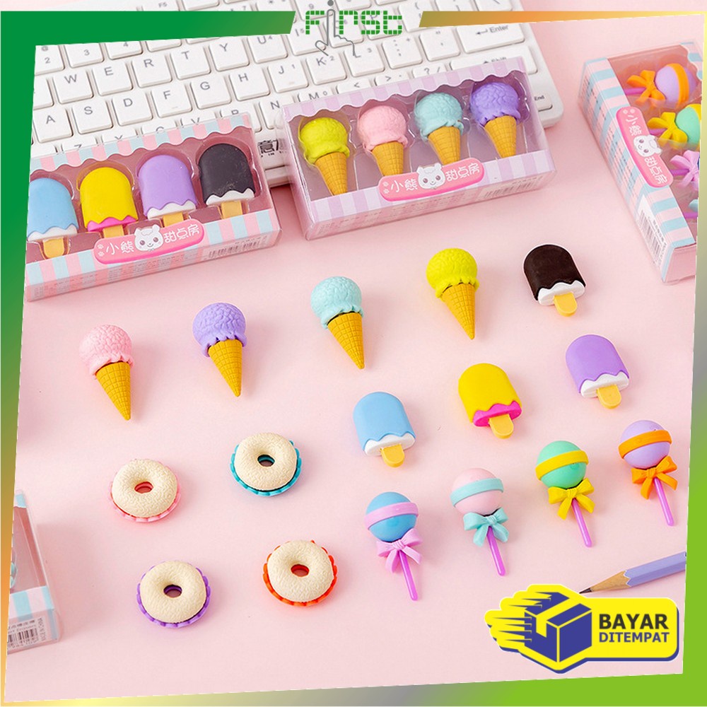 FH-A53 Penghapus Pensil Set 4IN1 Motif Lolipop / Alat Tulis Penghapus Lucu Isi 4pcs Karakter Donat Eraser Ice Cream Import