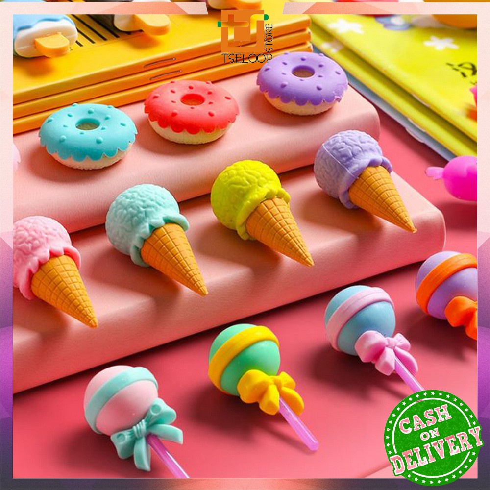 OFM-A53 Penghapus Pensil Set 4IN1 Motif Lolipop / Alat Tulis Penghapus Lucu Isi 4pcs Karakter Donat Eraser Ice Cream Import