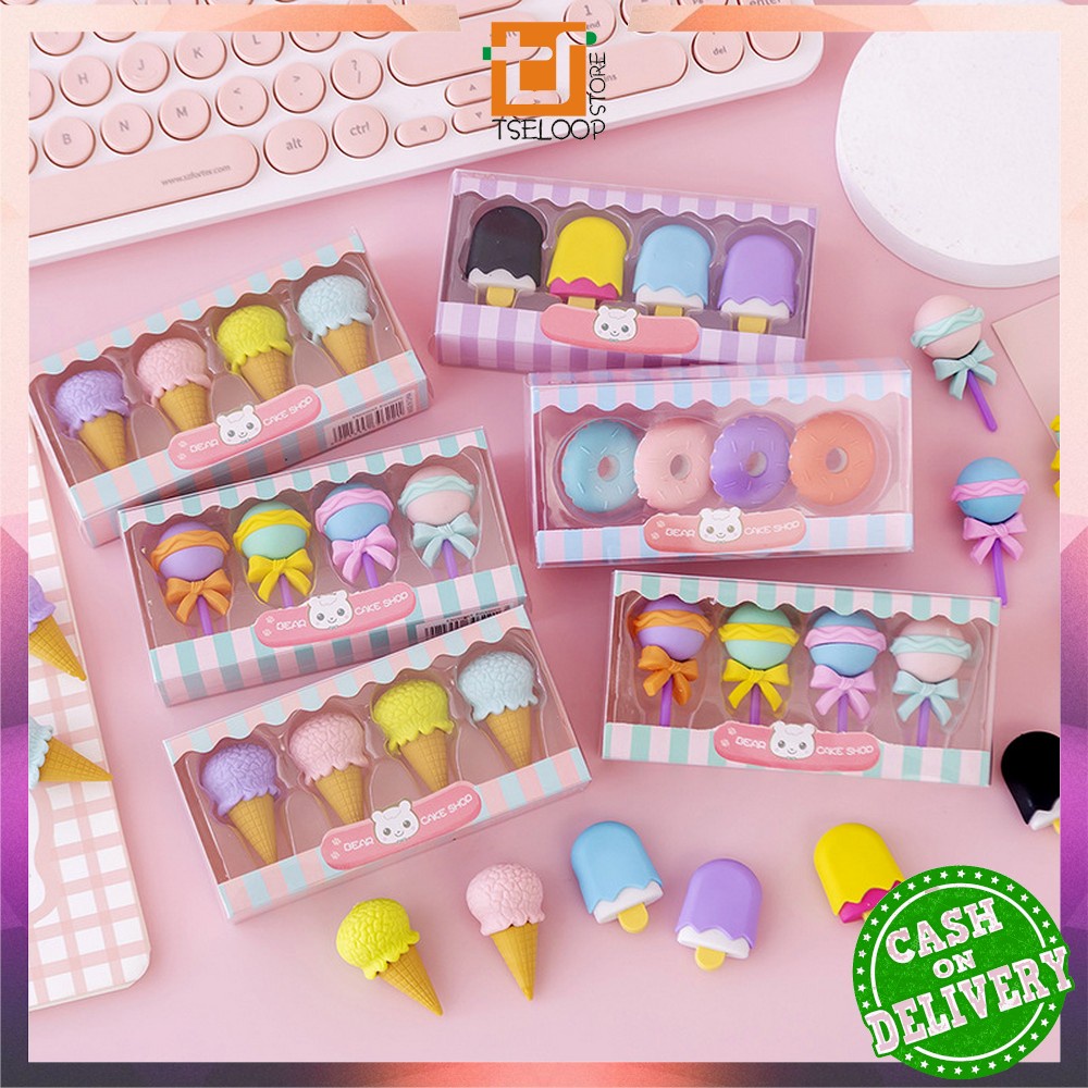 OFM-A53 Penghapus Pensil Set 4IN1 Motif Lolipop / Alat Tulis Penghapus Lucu Isi 4pcs Karakter Donat Eraser Ice Cream Import