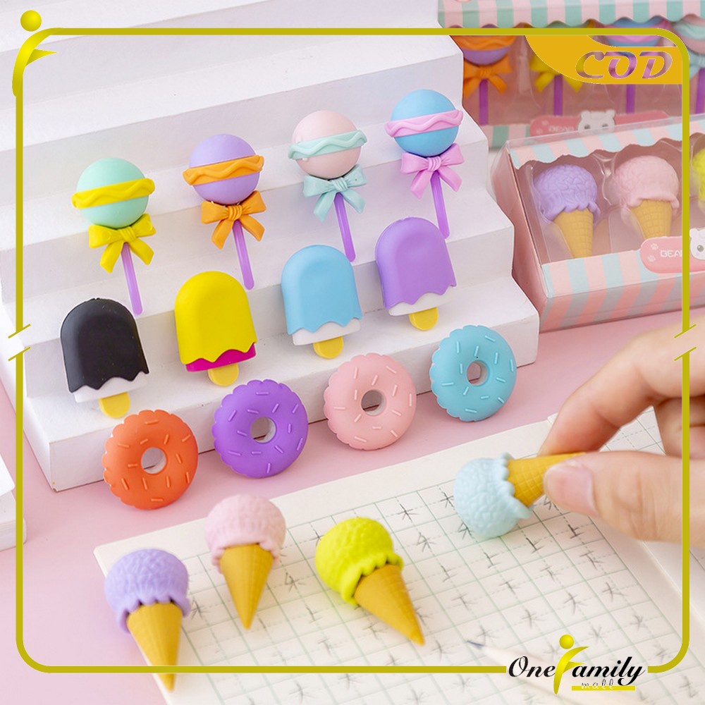 ONE-A53 Penghapus Pensil Set 4IN1 Motif Lolipop / Alat Tulis Penghapus Lucu Isi 4pcs Karakter Donat Eraser Ice Cream Import