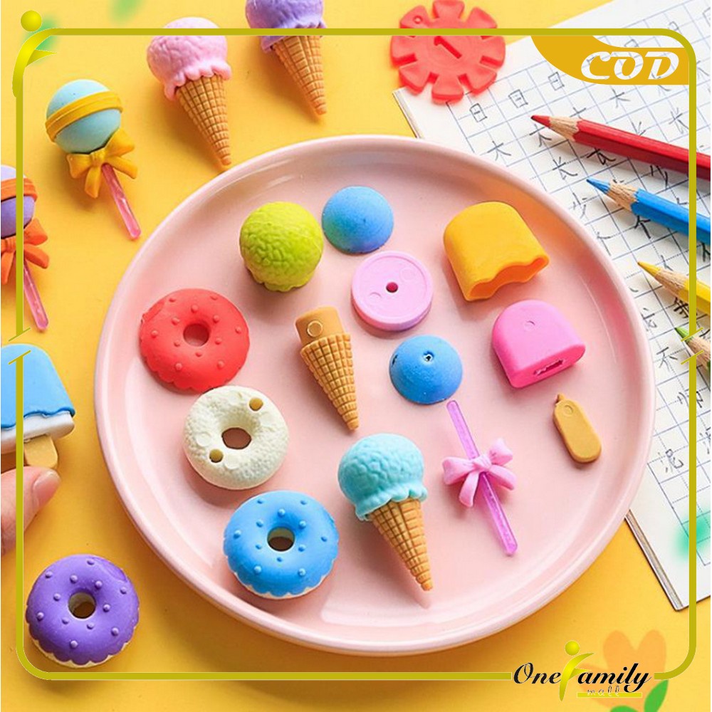 ONE-A53 Penghapus Pensil Set 4IN1 Motif Lolipop / Alat Tulis Penghapus Lucu Isi 4pcs Karakter Donat Eraser Ice Cream Import