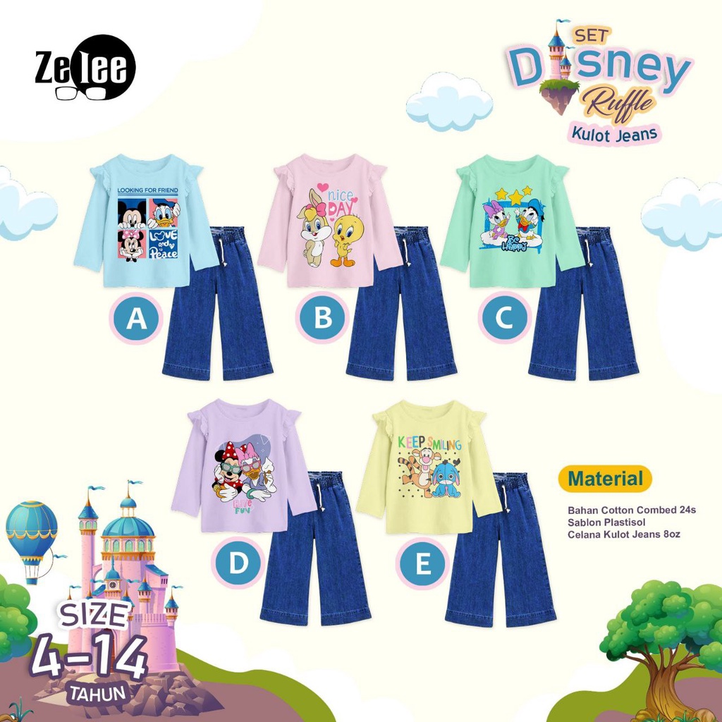 Set Disney Ruffle Kulot Jeans ZeLee|Setelan Baju Anak Perempuan Murah|Set Baju Anak Cewek Murah|Kulo