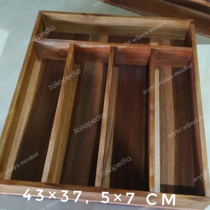 Produk Unggulan] KOTAK SENDOK KAYU JATI SEKAT 5 CUTLERY TRAY|KOTAK SENDOK LACI