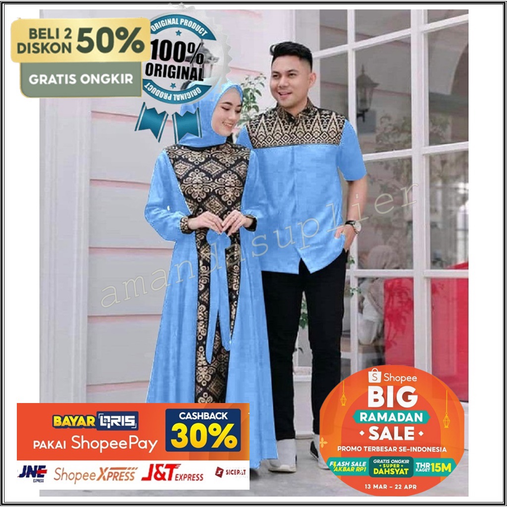 Baju Couple Soft Blue Suami Istri Kekinian Modern Remaja Berhijab Terbaru Kapel Muslim Gamis Kemeja 