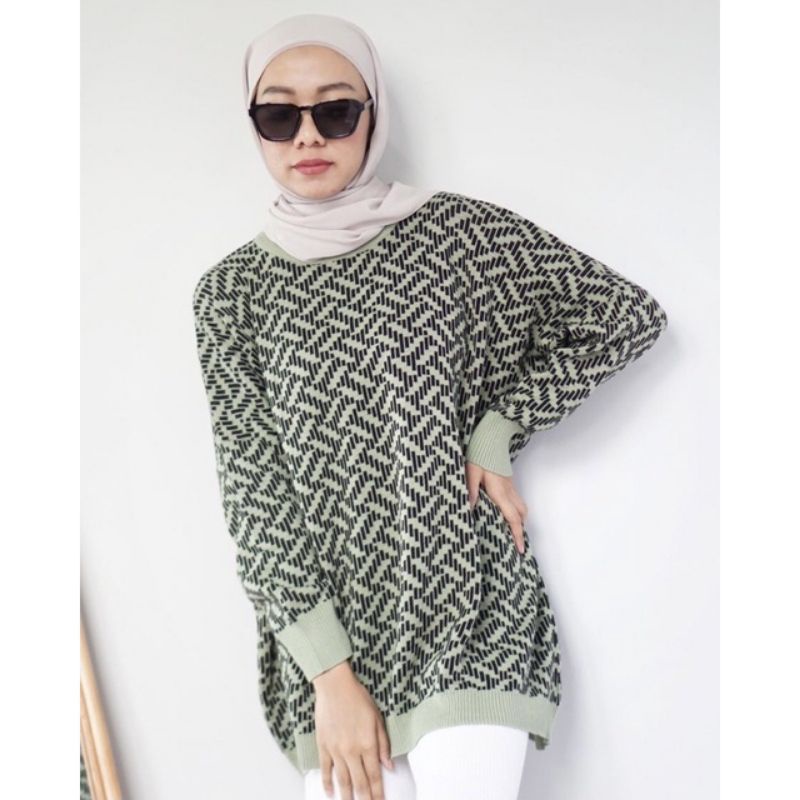 Mery Garis Blouse Knit Top Atasan Rajut Oversize