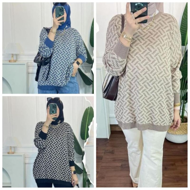 Mery Garis Blouse Knit Top Atasan Rajut Oversize