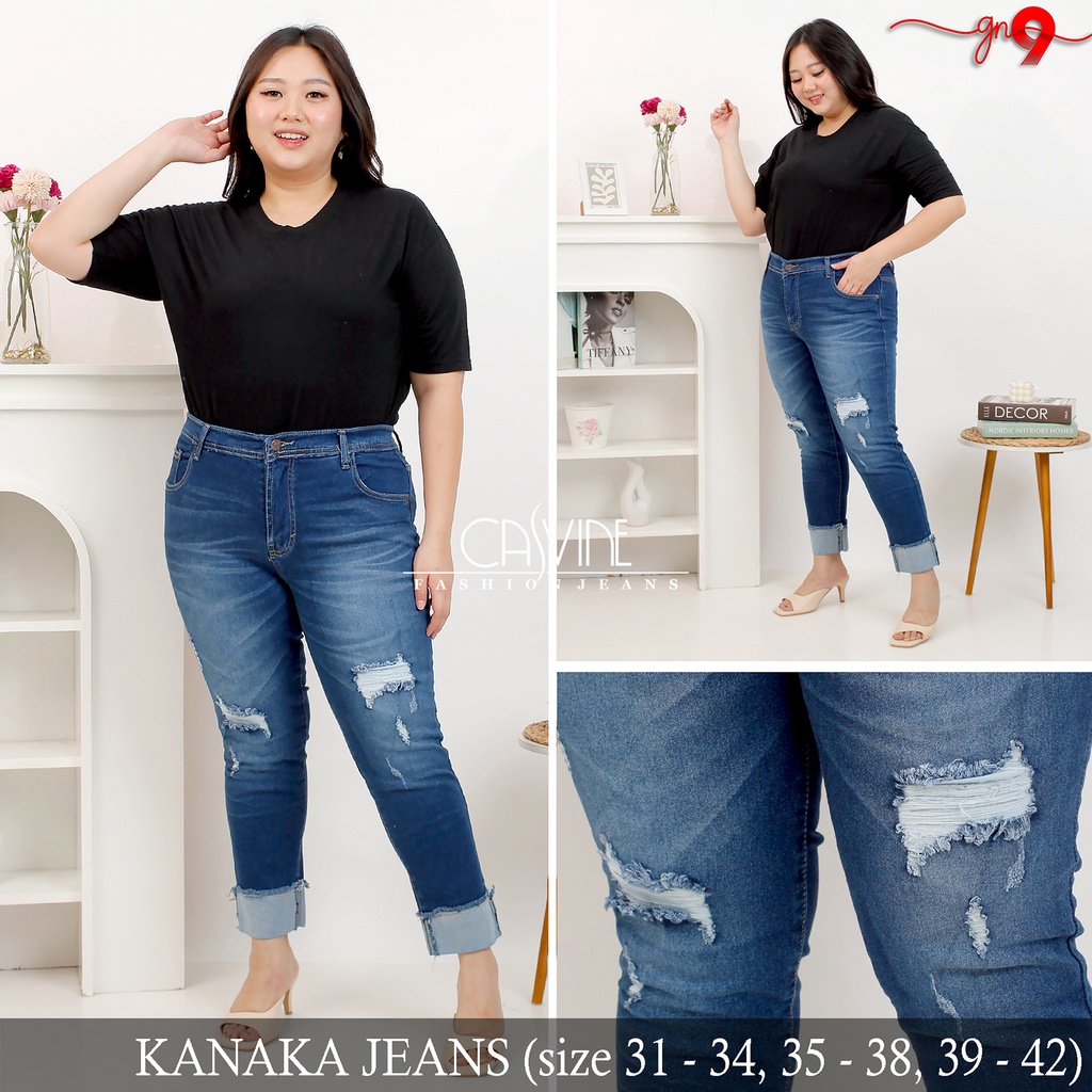 CASVINEJEANS || Celana Jeans Wanita Cewek Kanaka Jeans Sobek Ripped Bigsize Jumbo Mom Jeans