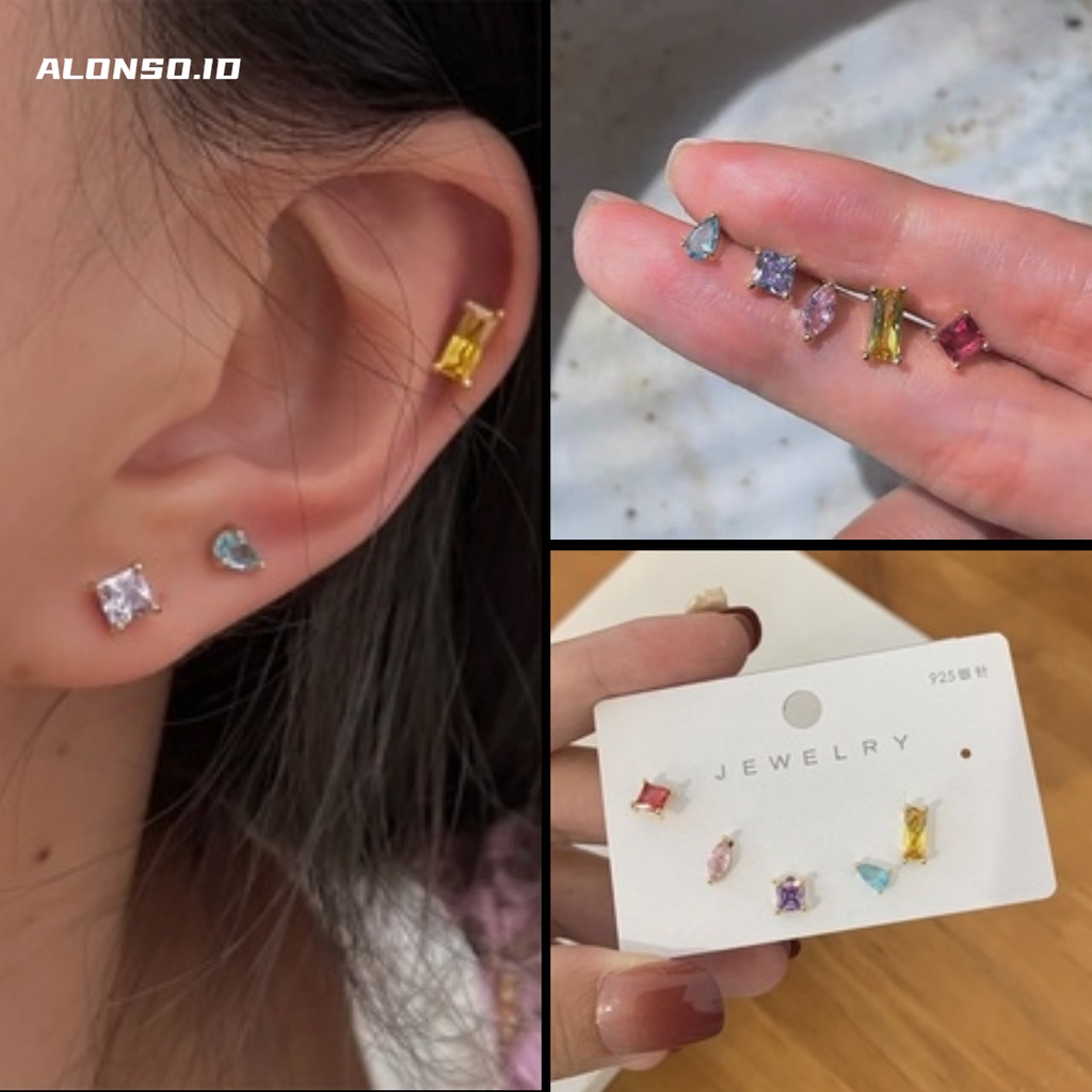 5pcs / Set Anting Tusuk Bentuk Geometri Asimetris Aksen Berlian Warna-Warni Untuk Perhiasan Wanita