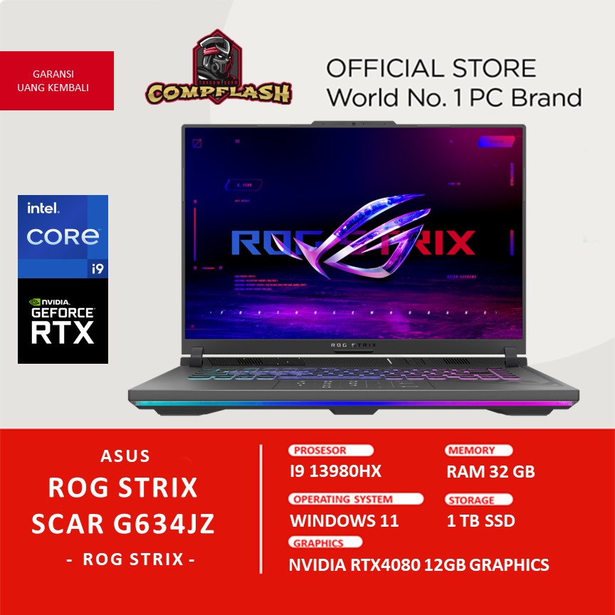 LAPTOP ASUS ROG STRIX SCAR G634JZ I948M6TO RTX4080 12GB I9 13980HX RAM 32GB 2TBSSD QHD MINILED 240HZ MS HS 2YR+1YR PERFECT BLK