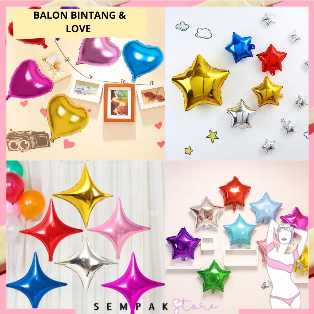 SS  Balon Foil Love Star Balon Foil Bentuk Bintang Dan Hati Balon Foil 9,5 inch / 25 cm Balon Pesta Balon Dekorasi Satuan Murah